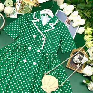 童装女童夏装连衣裙短袖纯棉波点绿色复古裙子英伦风双排扣蓬蓬裙