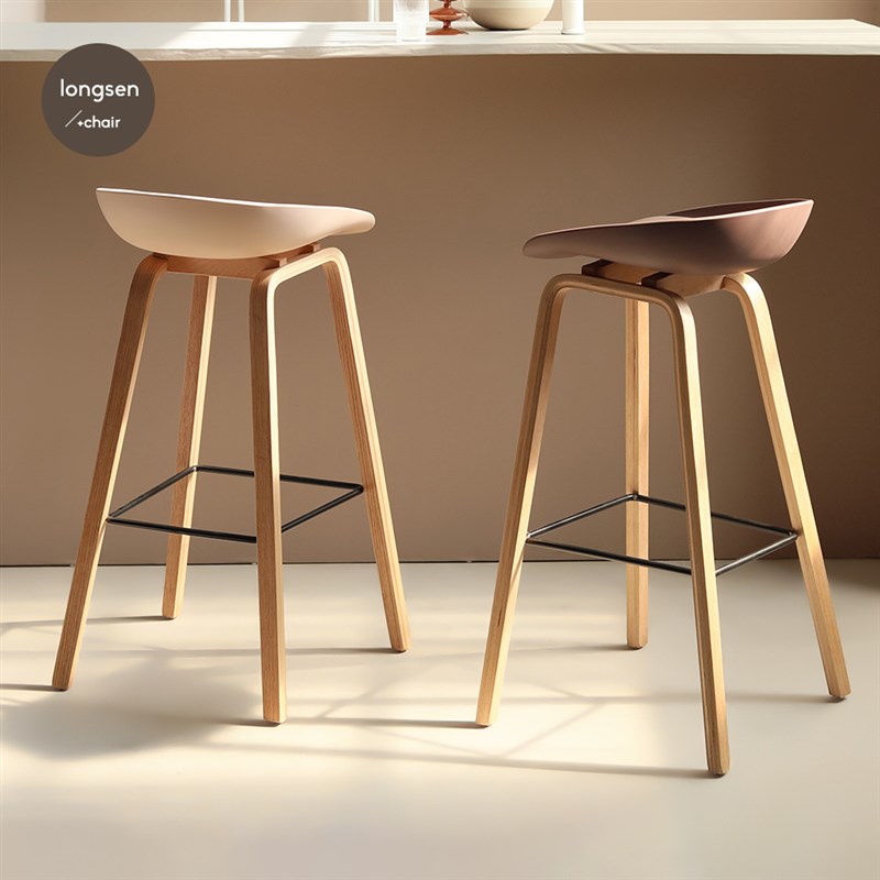酒吧吧台椅子现代风实木极简约脚垫咖啡厅办公室休息区前台奶油风