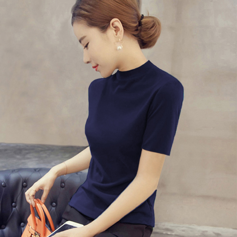冰丝针织衫短袖t恤女夏季2021新款洋气半高领打底衫薄款短款上衣