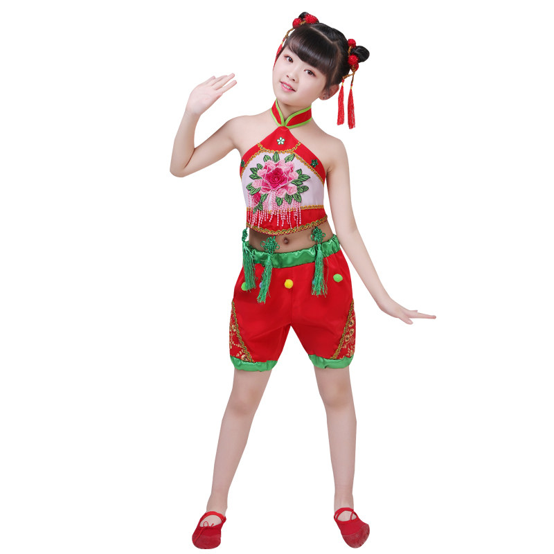 新款六一儿童肚兜演出服小孩舞蹈服幼儿园手绢舞秧歌舞肚兜表演服