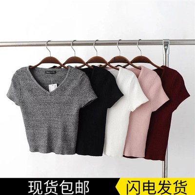 2021春夏新款时尚女装紧身大v领短袖中短款T恤修身显瘦打底针织衫