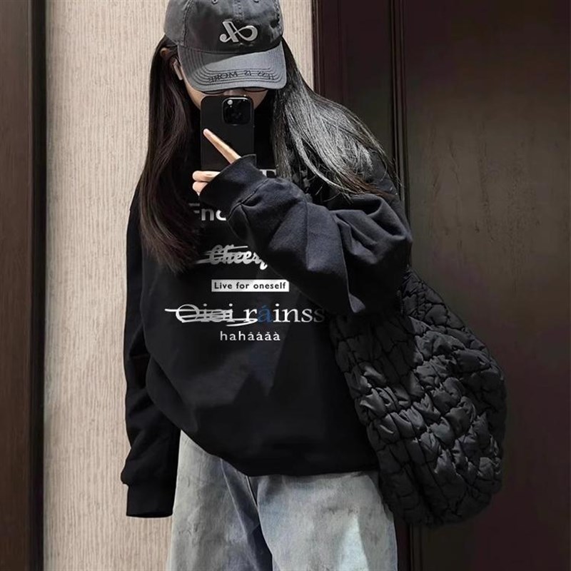 纯棉美式潮牌黑色圆领卫衣女秋冬加绒加厚2024新款爆款设计感上衣