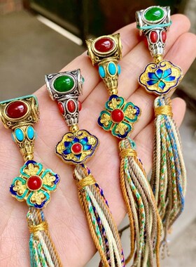 高品质藏式镶嵌三通景泰蓝合金背云手搓棉绳流苏108佛珠饰品配饰