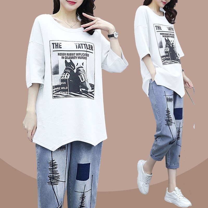 大码女装洋气遮肚子上衣宽松牛仔裤胖mm显瘦遮肉套装胖妹妹春夏装