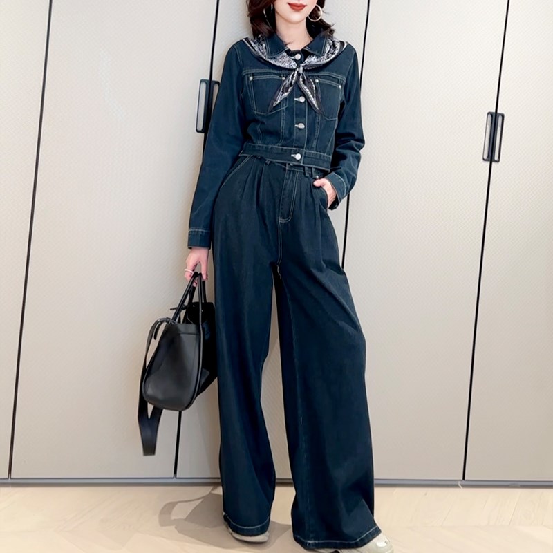 飞姐定制新款春秋牛仔套装直筒港风原阔腿裤牛仔复古帅气丝巾