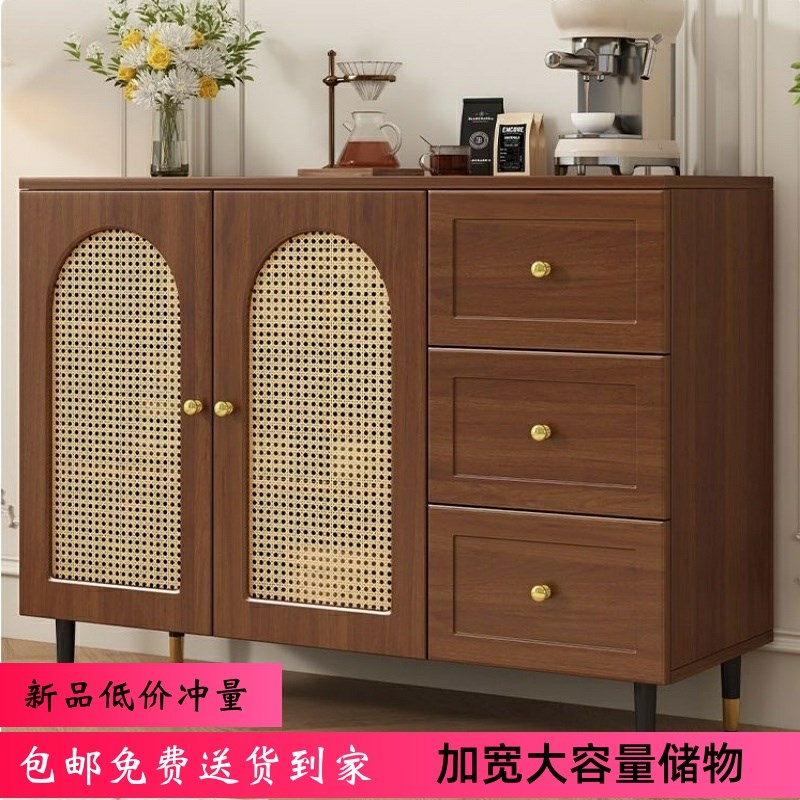 法式餐边柜藤编储物柜子简约家用餐厅收纳茶水柜厨房钢化玻璃边柜