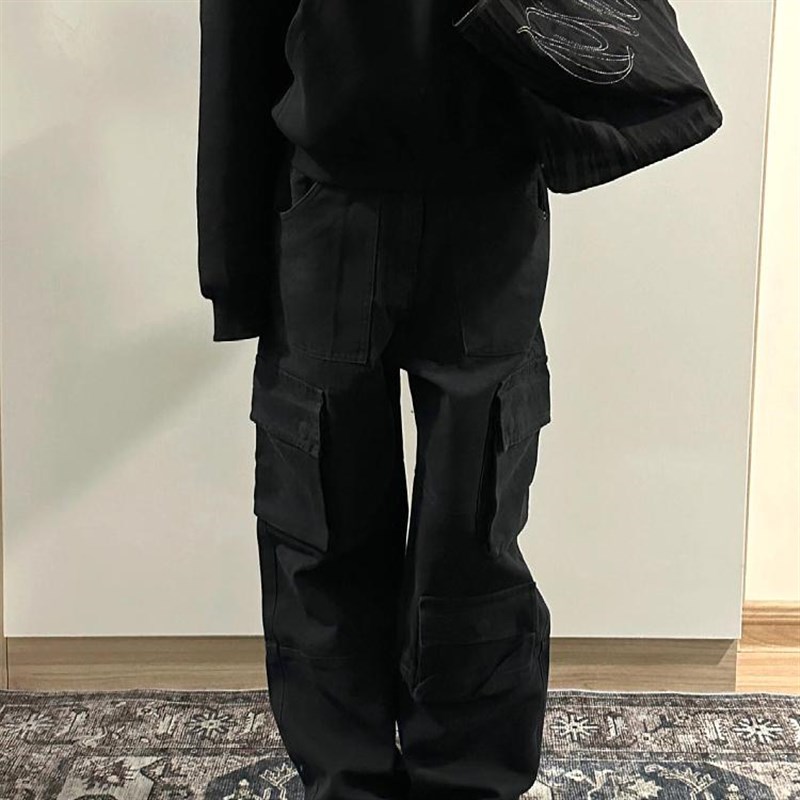大码美式高街多口袋黑色工装牛仔裤男女宽松直筒休闲阔腿拖地裤