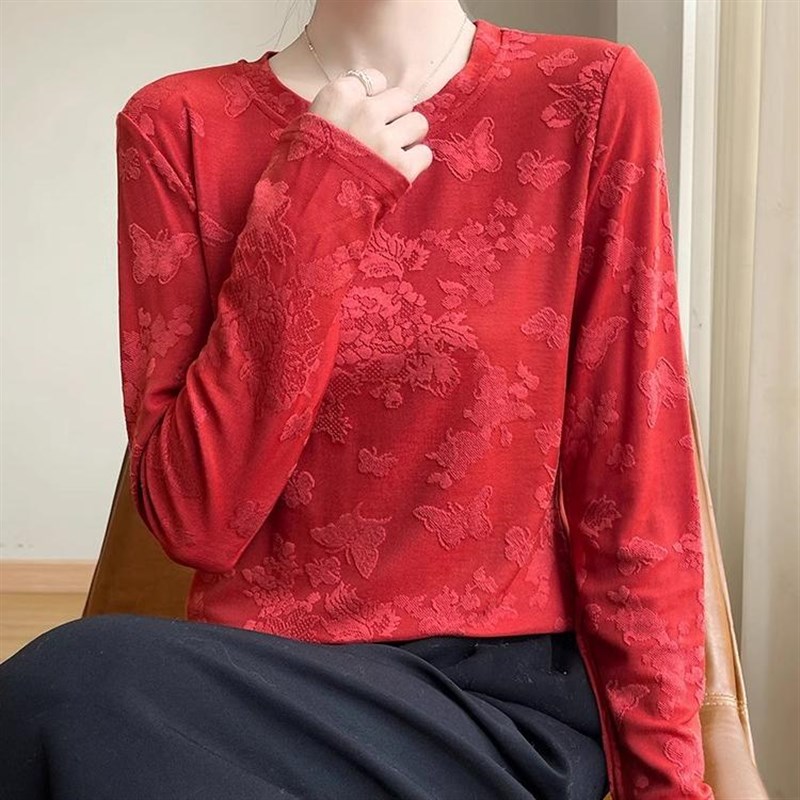 提花新中式长袖t恤女秋季2024新款欧货宽松打底内搭洋气显瘦上衣