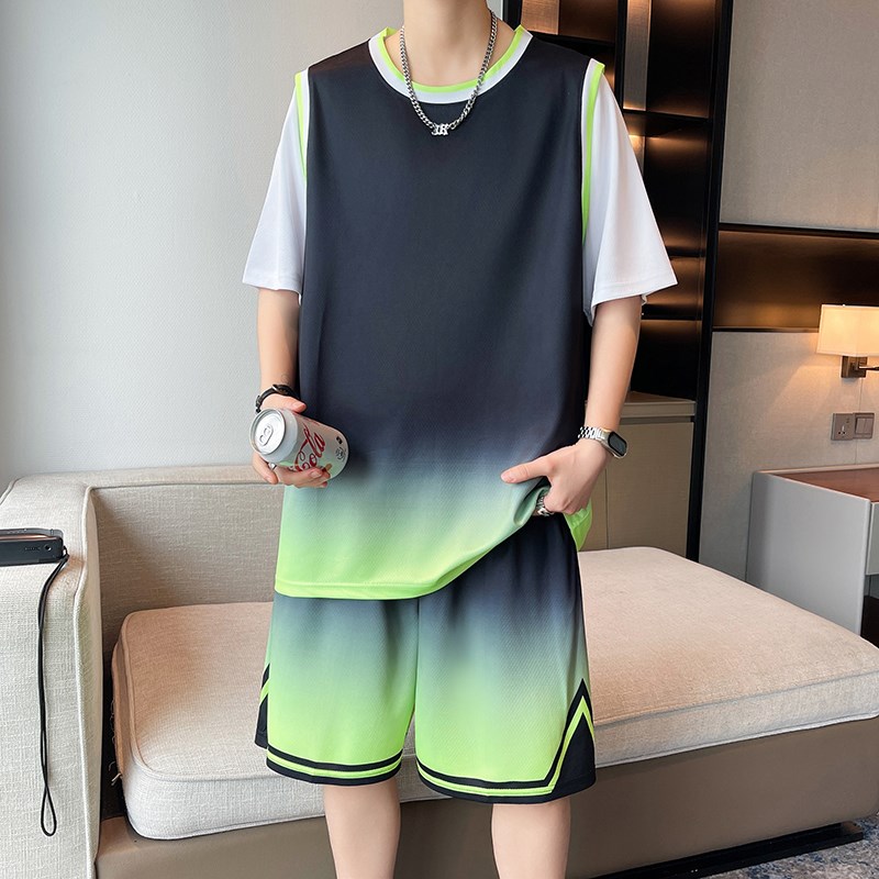 夏季冰丝篮球服男孩青少年初高中学生短袖t恤大童港风运动套装潮