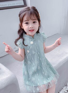 女童飞袖洋气连衣裙2021夏装新款小女孩网纱蕾丝公主裙宝宝旗袍裙