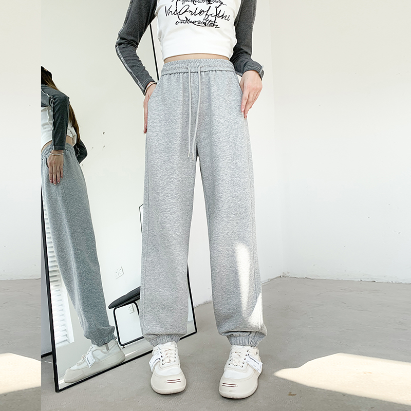 浅灰色休闲运动裤女秋季大码胖mm宽松显瘦阔腿直筒裤高腰束脚卫裤