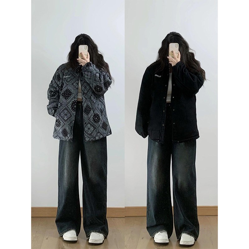 特大码女装胖mm梨形身材复古直筒牛仔裤女春季高腰显瘦阔腿拖地裤