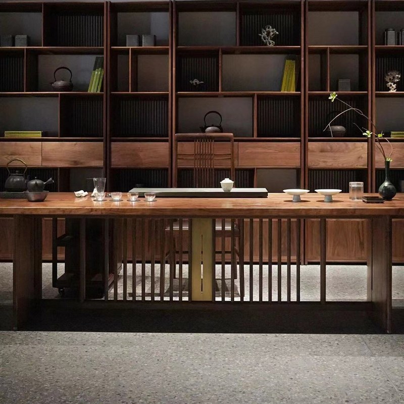 新中式实木大阪茶桌椅组合客厅家用黑胡桃木泡茶桌简约办公室茶台