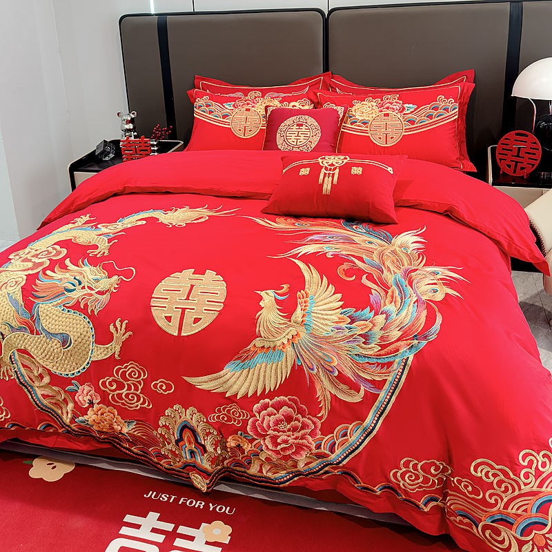 高档中式龙凤刺绣结婚四件套大红色纯棉床单被套喜庆婚庆床上用品