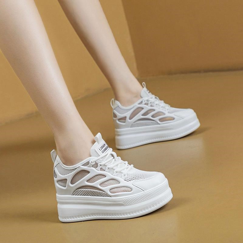 2025夏季新款透气网面小白鞋女松糕厚底内增高老爹鞋运动休闲凉鞋