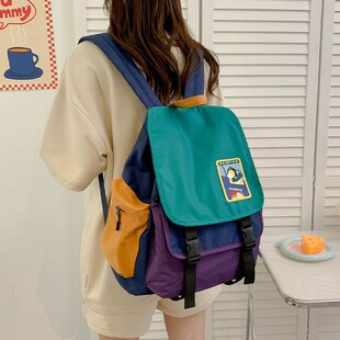 书包女大学生日系小众设计复古大容量休闲电脑背包时尚 撞色双肩包