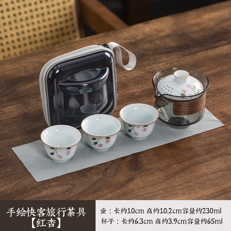 手绘陶瓷旅行茶具套装便携式包家用户外一壶三杯陶瓷快客杯泡茶壶