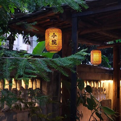小院里竹编灯笼印字复古风中式屋檐吊灯商用仿古蘑菇小匠