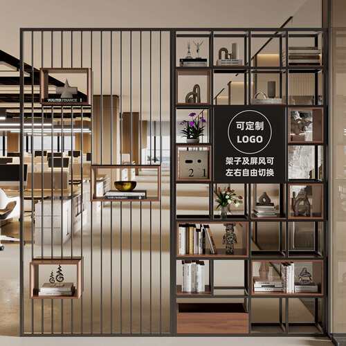 隔断置物架实木书架公司前台logo形象墙展示架铁艺格栅办公室屏风