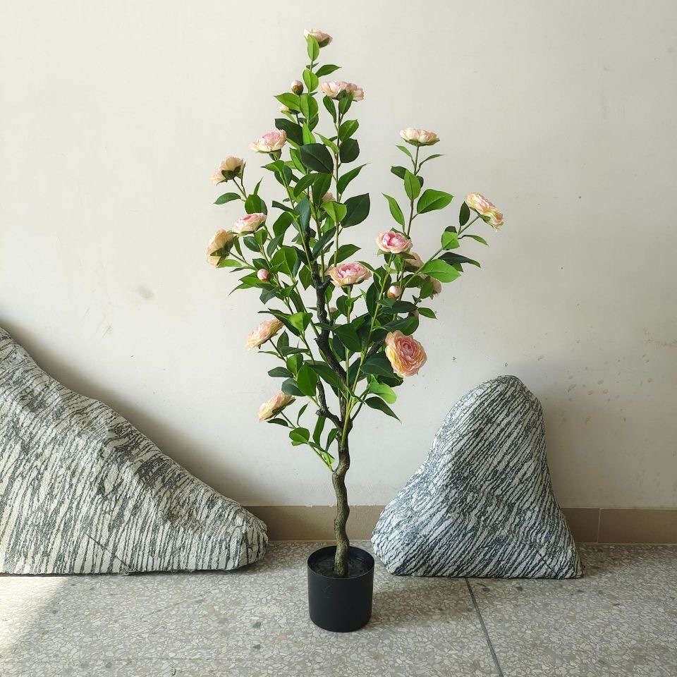 仿真绿植山茶花盆栽仿真树田园风花树办公室落地假绿植装饰盆栽