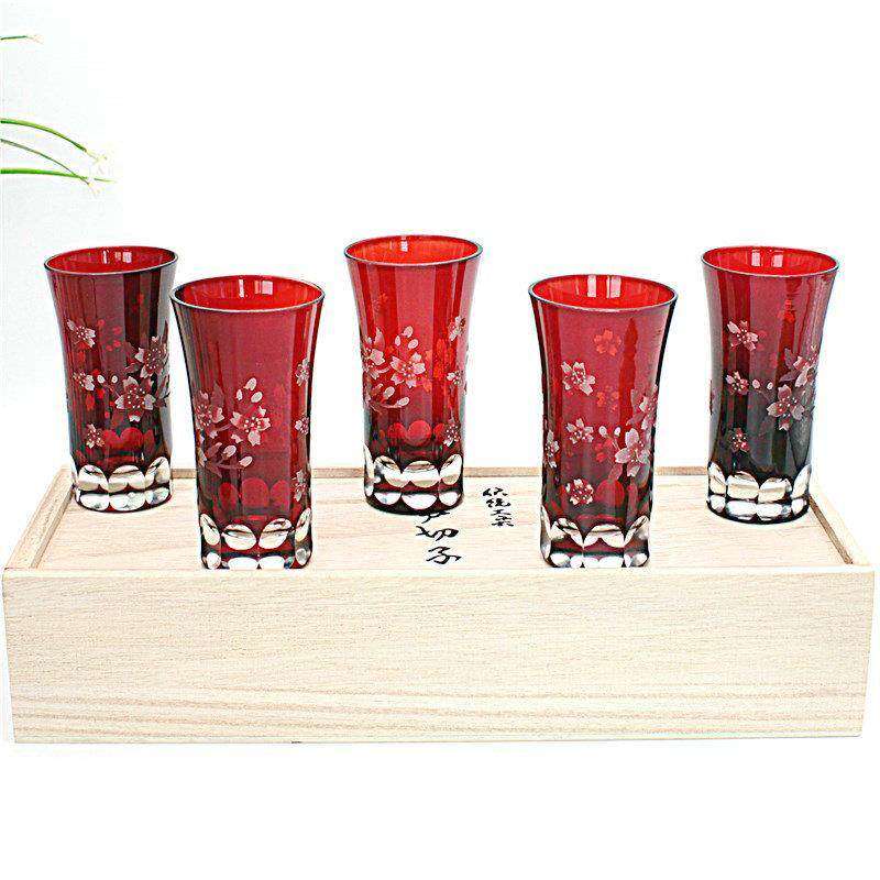 日式清酒杯烈酒杯玻璃杯套装木盒江户切子手工雕刻复古源头工厂
