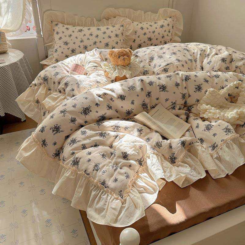 法式花边款小碎花双层纱四件套纯棉双层纱布四件套全棉纱布四件套