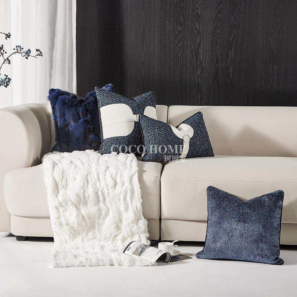 轻奢蓝色拼接抱枕沙发客厅靠枕狐狸毛枕装饰枕酒店民宿高级靠垫套