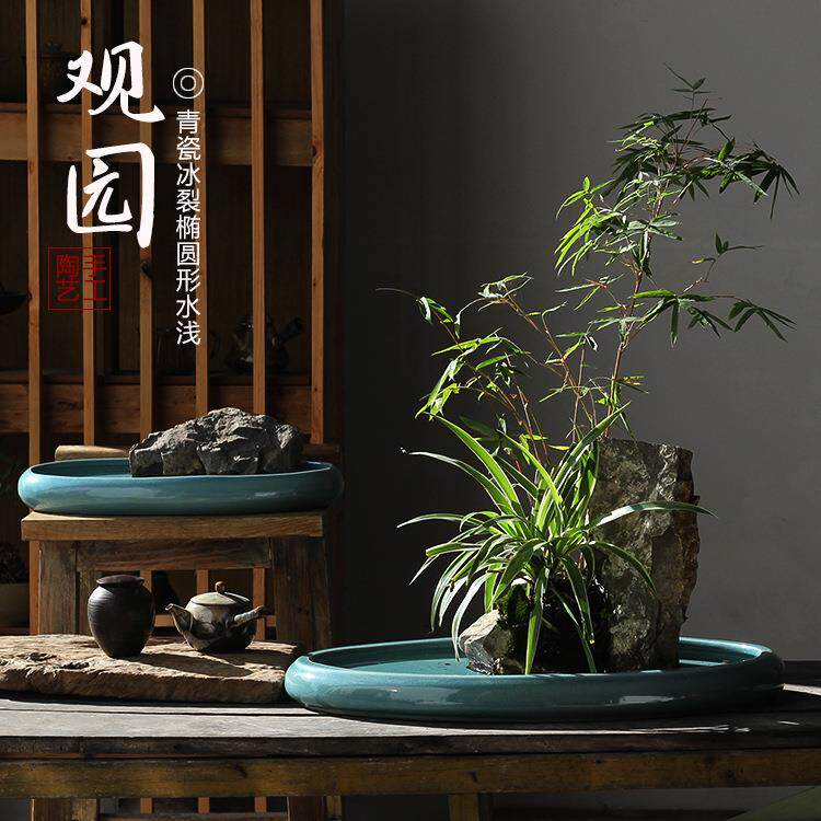 陶瓷冰裂大口径浅拼盘米竹菖蒲多肉古典造景枯山水景酒店桌面花盆