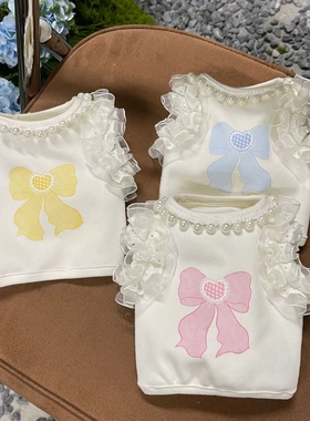 春夏短款珍珠花边狗狗背心内搭宠物衣服公主风百搭蝴蝶印花约克夏