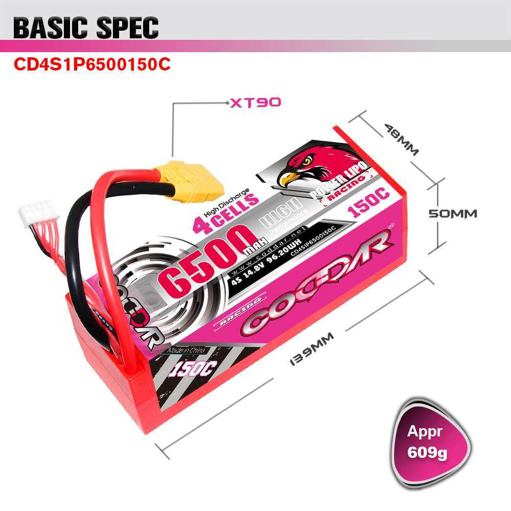 鹰氪CODDAR 6500mAh 4S 14.8V 150C车模RC越野遥控1/8出线锂电池