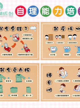 幼儿园生活区自理能力环创墙贴 如厕洗脸穿衣服刷牙系鞋带步骤图