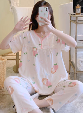 女绵绸睡衣夏天薄款可爱卡通春秋女人造棉绸短袖长裤大码家居服