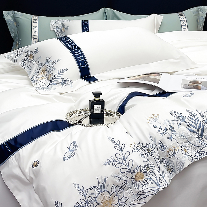 轻奢风120支纯棉四件套全棉被套床笠高档花卉刺绣简约床上用品1.8