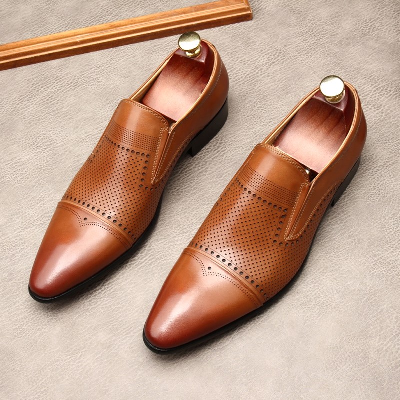 男士尖头皮鞋新款英伦套脚真皮透气三接头商务正装鞋一脚蹬男鞋棕