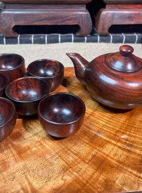 大红酸枝木茶具套装摆件茶壶茶杯 红木工艺品摆件 交趾黄檀木茶壶