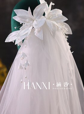 新款森系超仙缎面花朵发夹头纱结婚主婚纱头饰旅拍领证晨袍配饰品