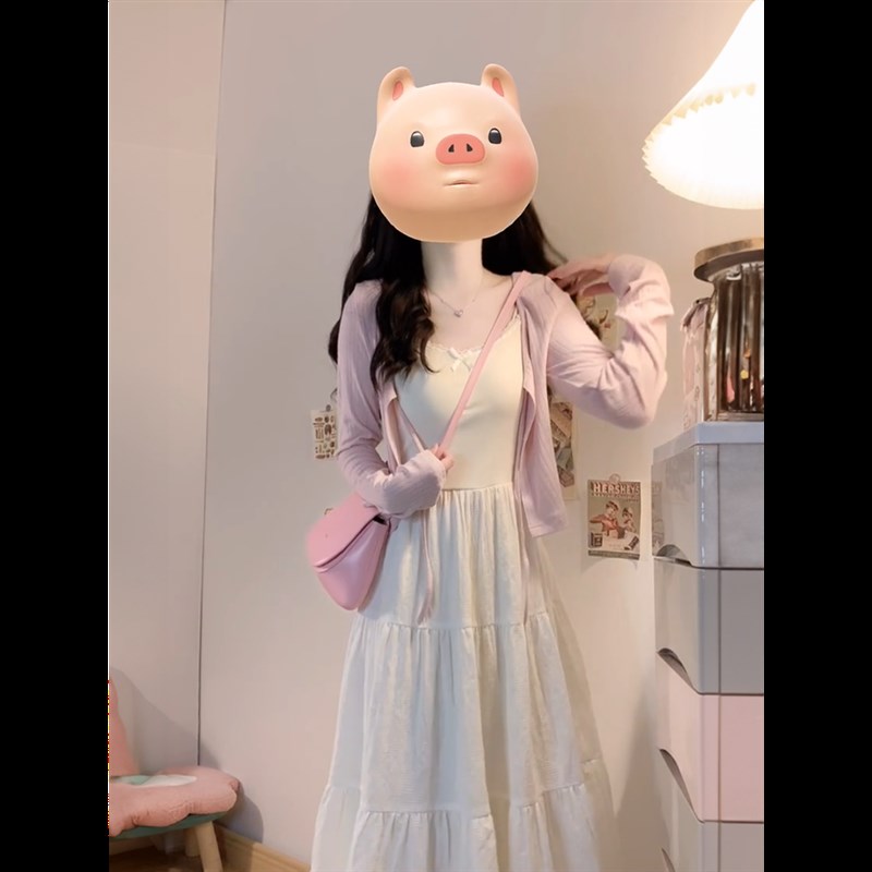两件套装女春季初恋风穿搭小个子白色吊带连衣裙粉色薄款针织开衫