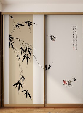 新中式复古卧室衣橱装饰壁纸自粘翻新柜门贴纸民宿推拉门改造贴画