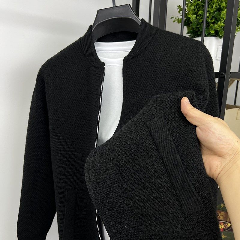 秋季男士针织开衫立领毛衣外套双拉链头潮流青年修身棒球服假口袋