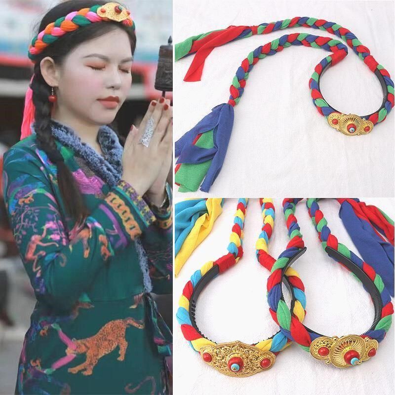 藏族头饰女藏式藏式首饰压发辫子西藏女士编假头发民族发箍仿金 - 实物图