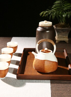 四川非遗手工中式竹编竹丝扣瓷茶具近山亮白组合套装功夫茶具