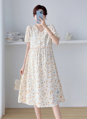 孕妇连衣裙夏装可哺乳裙子两用雪纺碎花大码孕妇装外出中长款套装