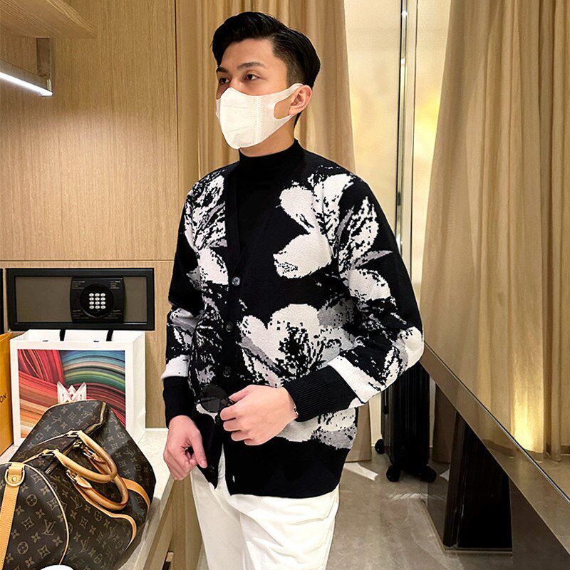 秋冬复古高级感黑色修身毛衣男款 独特提花休闲V领针织开衫外套男