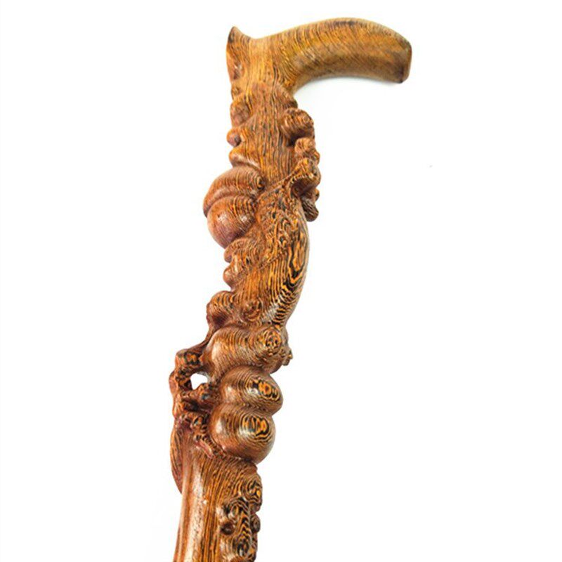 黑檀木寿桃一体手杖红木雕刻拐杖 鸡翅寿桃拐杖不求人方便便携
