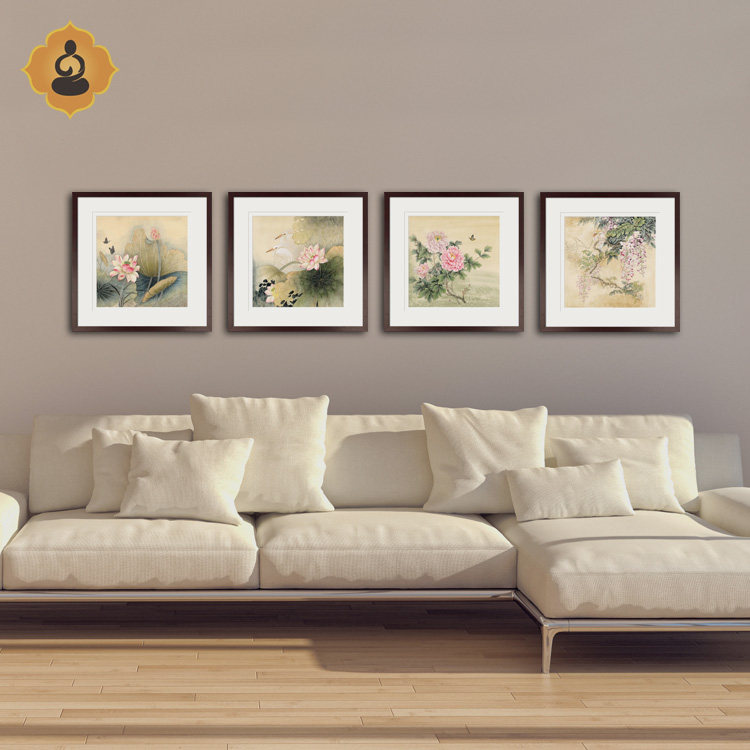 精品工笔国画花鸟画四联斗方客厅书房办公室内中式画框装饰画挂画,家居饰品,国画,淘宝优惠券,粉丝福利购,淘宝优惠卷
