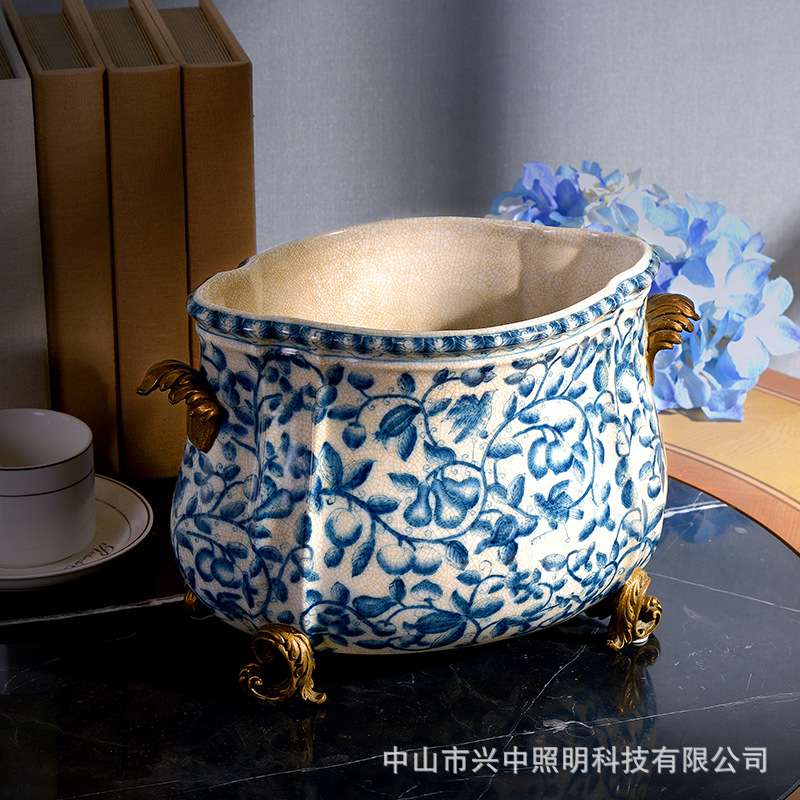 欧美陶瓷配铜双耳花盆冰桶玄关工艺饰品古典奢华别墅客厅餐厅摆件