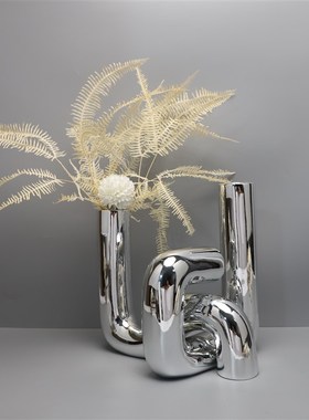 北欧创意电镀银色花瓶树脂摆件客厅样板间居家电视柜餐厅桌面软装