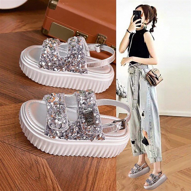 魔术贴老爹运动凉鞋女增高2025年潮新款厚底松糕亮片一字带沙滩鞋