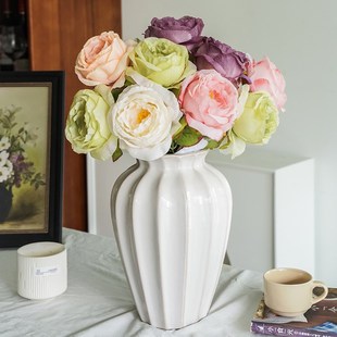白色复古陶瓷花瓶高级感餐桌摆件客厅插花美式台面陶罐牡丹花花瓶