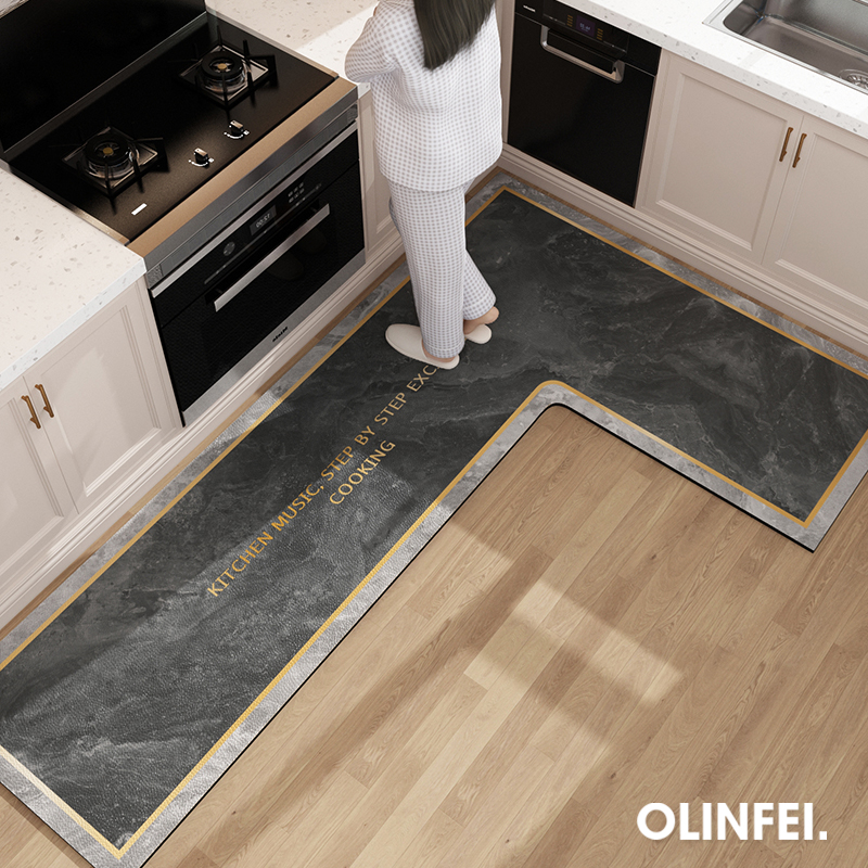 2024新款轻奢简约吸水吸油厨房地垫l型免洗可擦防滑耐脏皮革脚垫